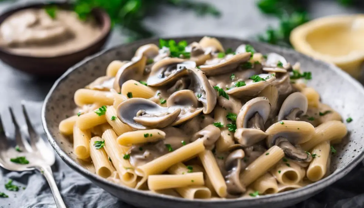 A bowl of pasta topped with a creamy vegan oyster mushroom sauce