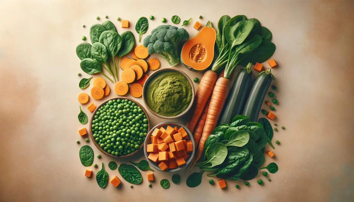 A flat lay photograph of the ingredients in vegetable mix powder - carrots, peas, butternut squash, spinach leaves, kale and sweet potatoes - organically arranged over a textured beige background.