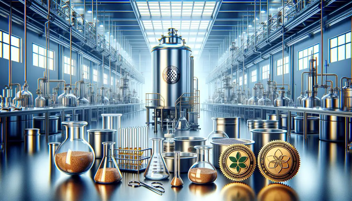 A montage image representing the quality control measures for vegetable mix powder: a sterile manufacturing facility, beakers and vials for testing purity and potency, and certification seals for safety standards and organic ingredients.