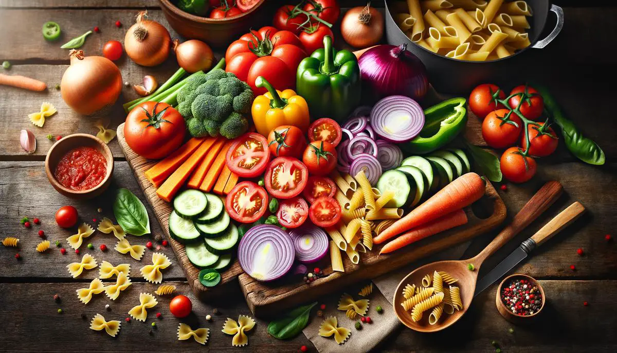 A colorful assortment of freshly chopped vegetables ready to be cooked and combined with pasta in a dish