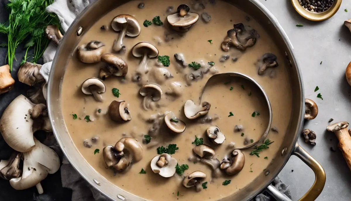 A saucepan of thick, creamy vegetarian mushroom gravy with visible chunks of mushrooms, herbs, and specks of black pepper