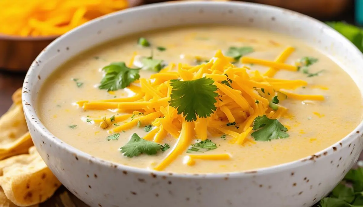 A bowl of creamy Mexican potato soup with melted cheese and cilantro garnish