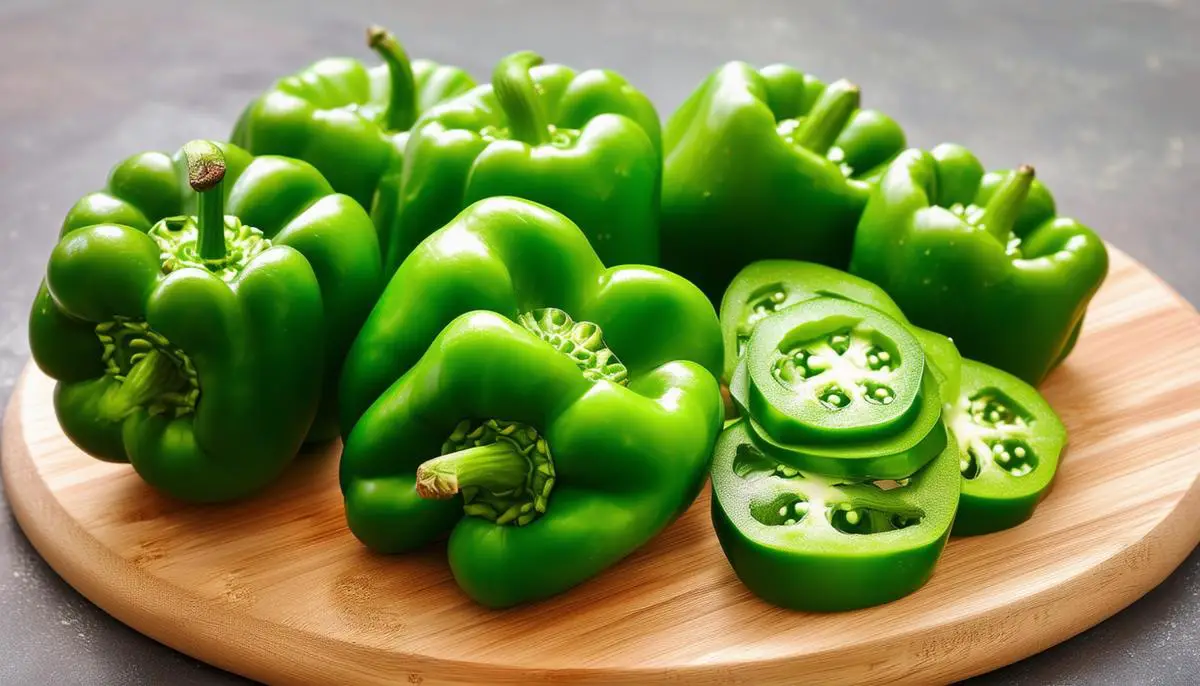 Vibrant green bell peppers, whole and sliced, on a wooden cutting board.