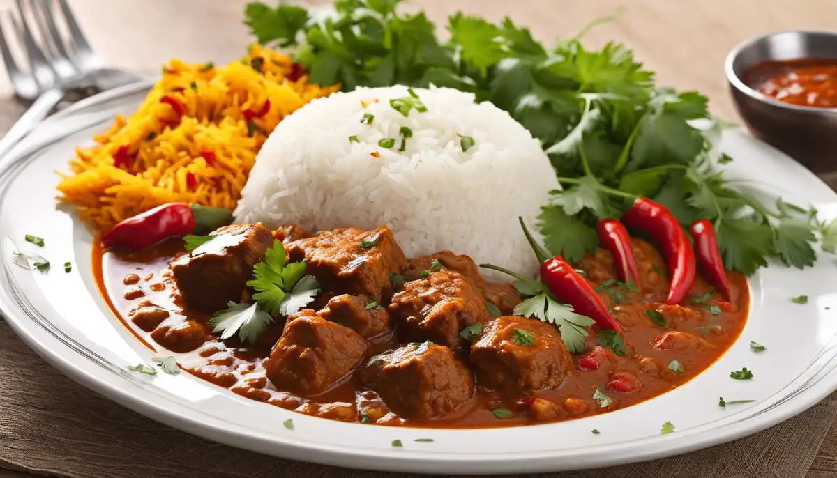 A plate of spicy vindaloo curry, garnished with cilantro leaves, red chili peppers, and a side of basmati rice.