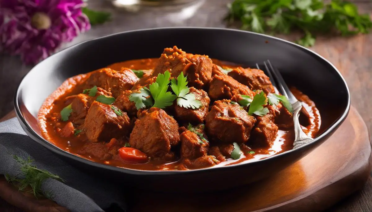 A plate of Vindaloo, showcasing its vibrant colors and rich spices, ready to be savored