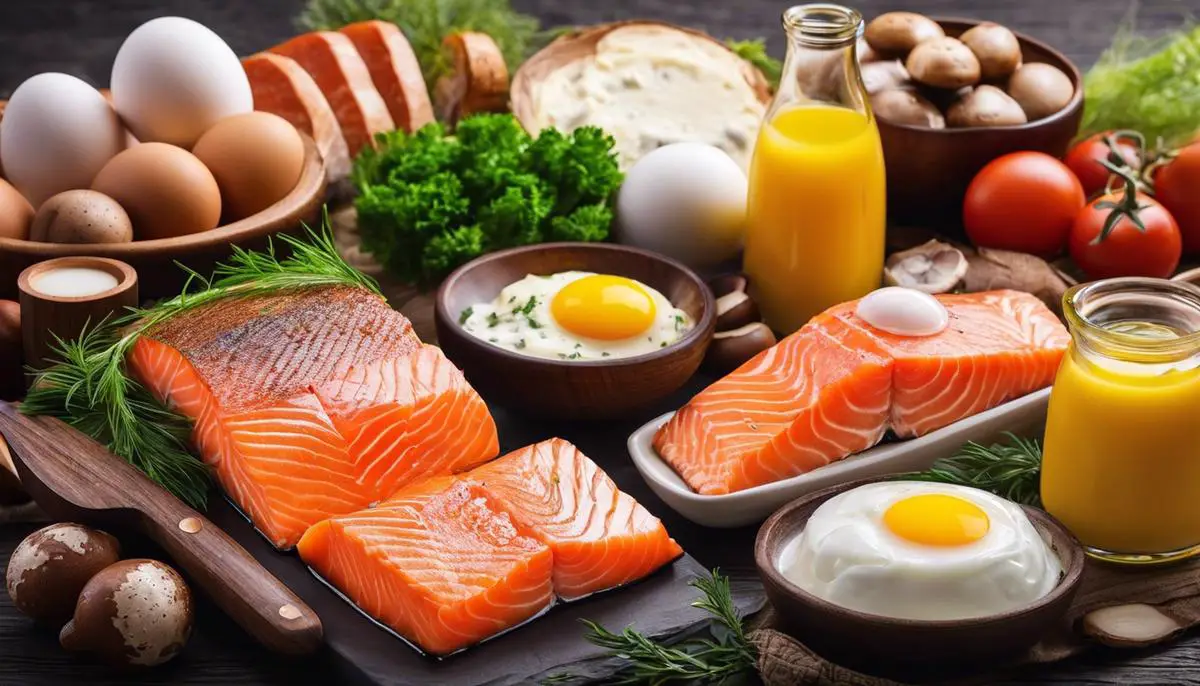 Various foods rich in Vitamin D such as salmon, eggs, mushrooms, and dairy products
