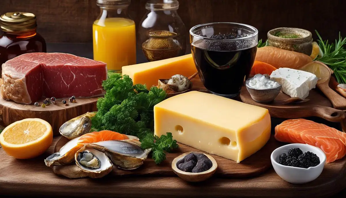 Image featuring a variety of Vitamin D rich foods such as cheese, beef liver, cod liver oil, ricotta, oysters, and caviar.