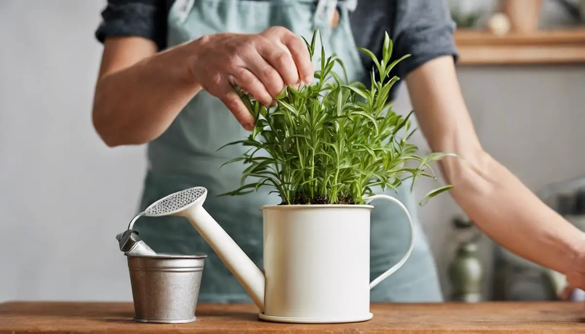A person's hands gently watering a potted tarragon plant with a small watering can