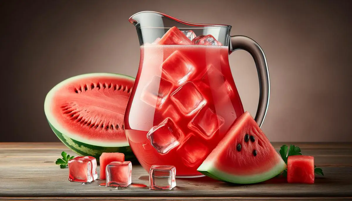 A pitcher of freshly made watermelon juice with ice cubes and a slice of watermelon on the rim of the glass