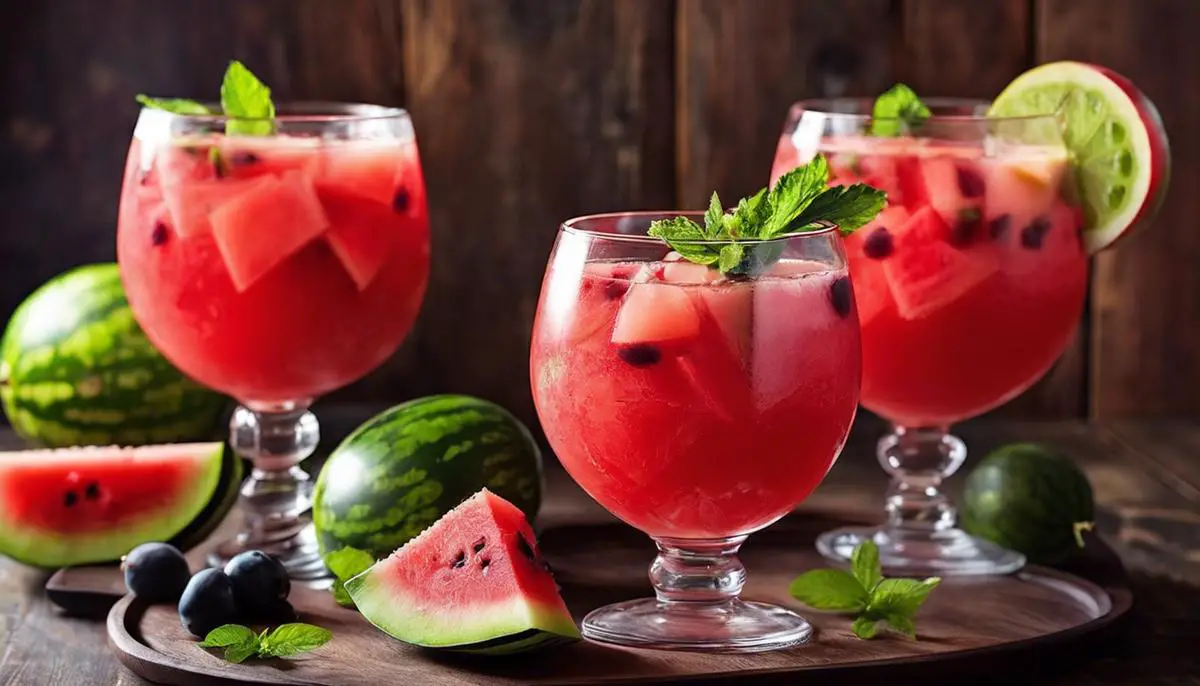 A refreshing watermelon sangria surrounded by colorful fruits and garnishes