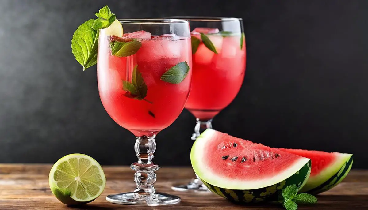 A refreshing glass of watermelon sangria served with sliced watermelon and mint leaves.