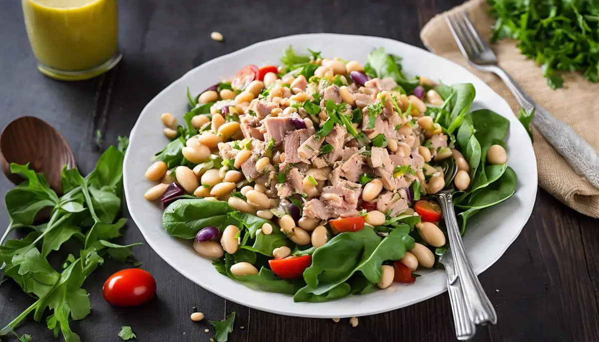 A delicious white beans and tuna salad with vibrant colors and freshly made dressing.