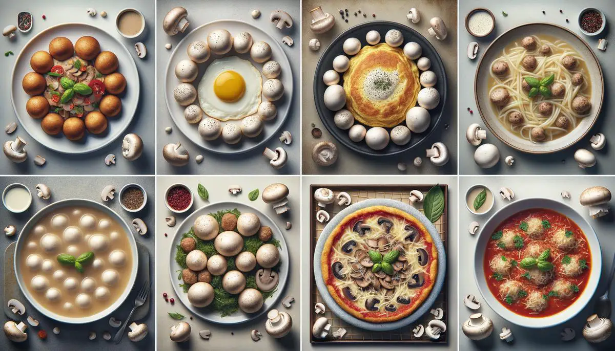 A collage of various dishes featuring white button mushrooms, such as omelets, soups, meatballs, and lasagna