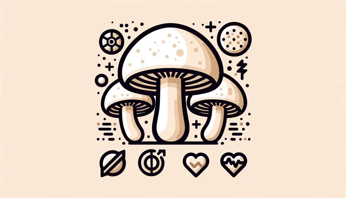 An illustration showing the various health benefits of white button mushrooms, such as fighting cancer, lowering cholesterol, and improving gut health