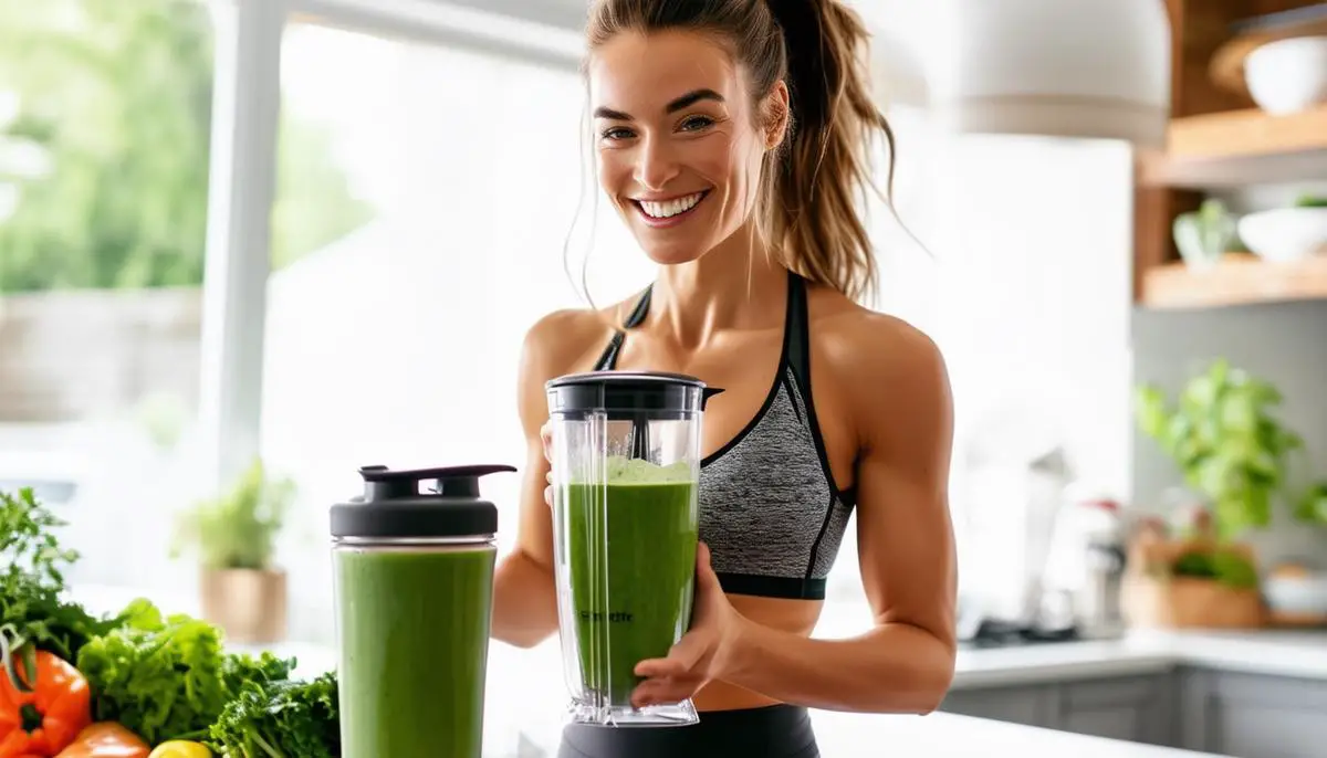 A fit woman in activewear shaking a blender bottle filled with a green smoothie made with vegetable mix powder. She is smiling and looks energized, standing in a bright, modern kitchen with healthy ingredients visible on the counter.
