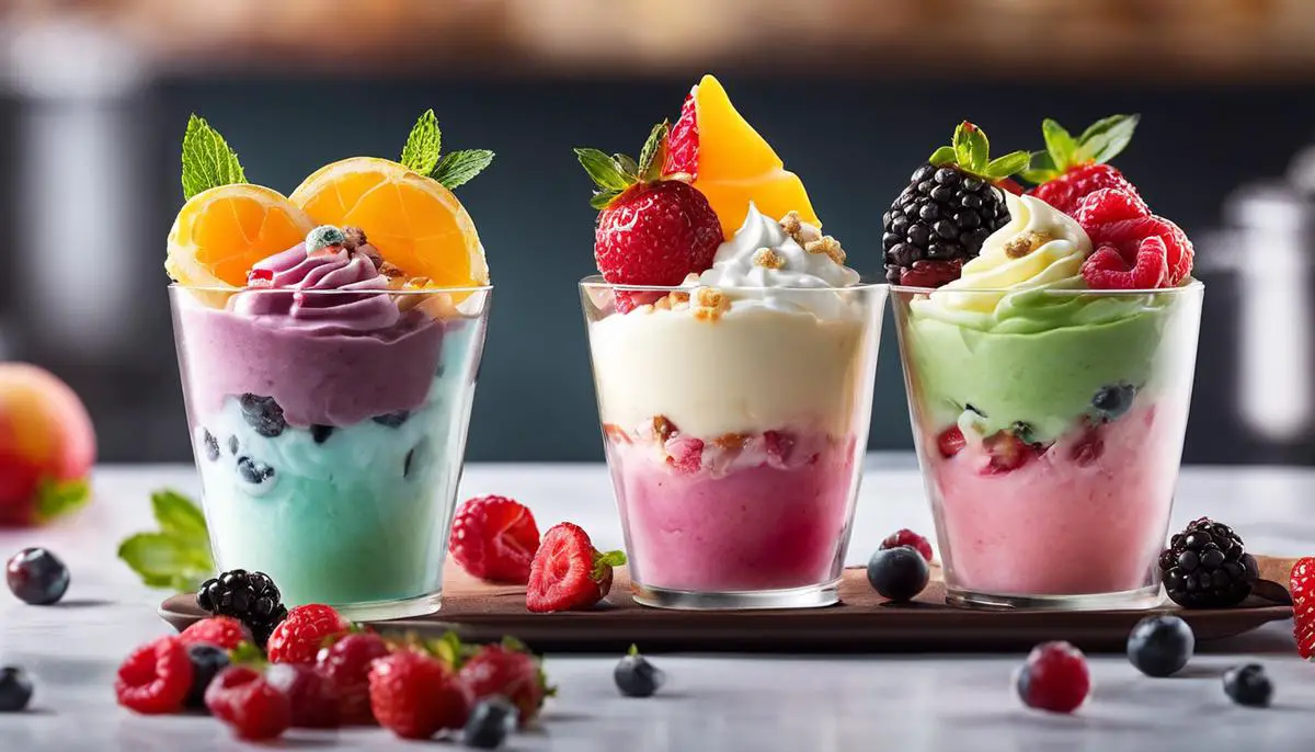 A colorful image capturing different flavors of frozen yogurt with a variety of toppings