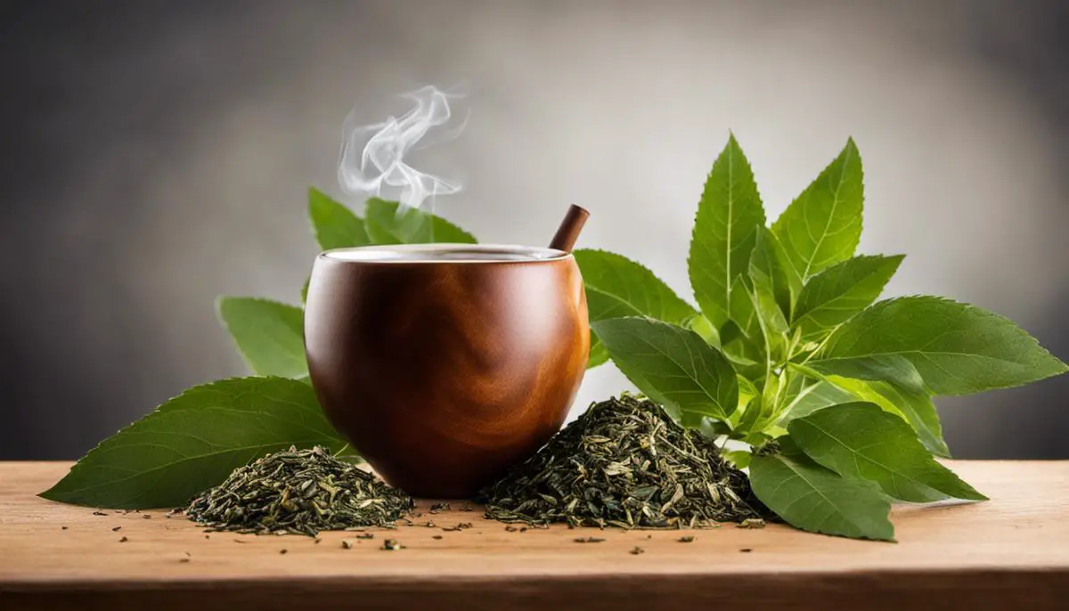 Image of Yerba Mate leaves and a cup of Yerba Mate tea, highlighting the text's subject matter and visualizing the topic for visually impaired individuals.
