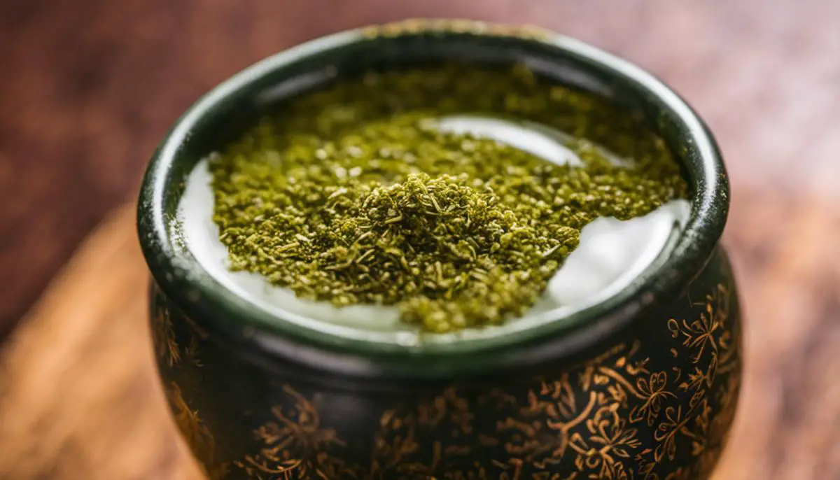 Close-up of a cup of Yerba Mate with a green background