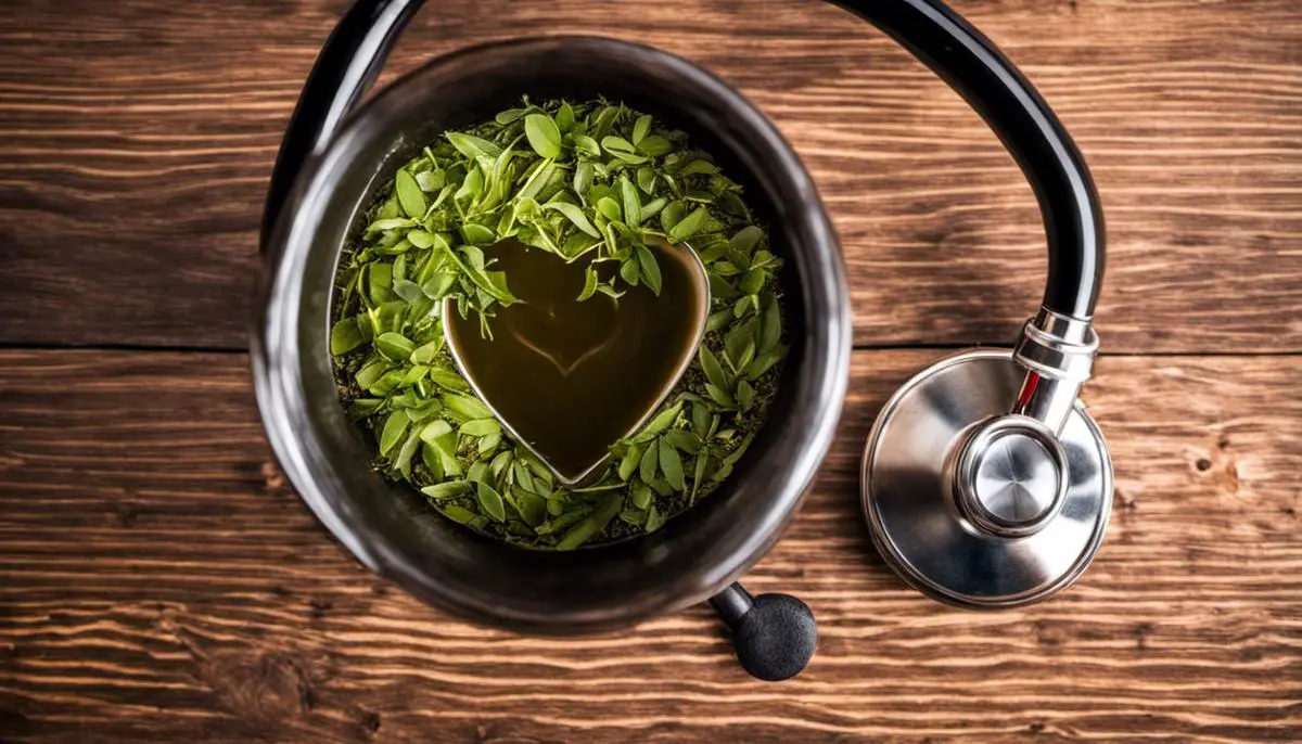 Image depicting a cup of Yerba Mate tea with a heart and a stethoscope, representing the cardiovascular benefits of Yerba Mate