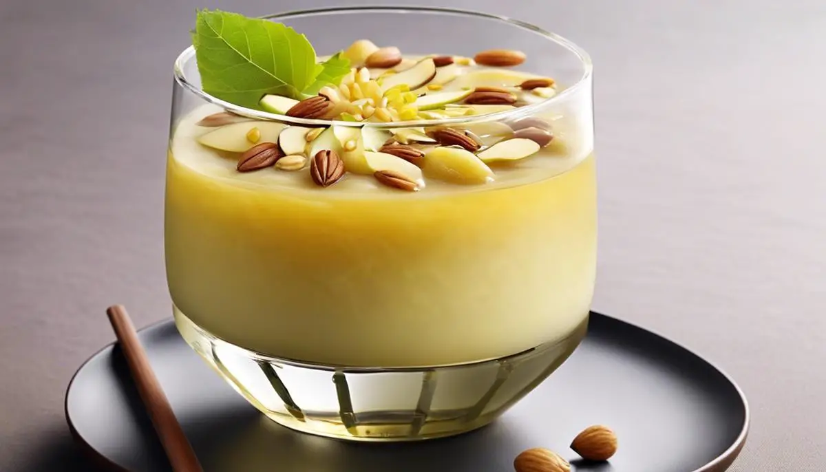 A glass filled with Yuja-Hwachae, adorned with sliced Korean pear and topped with pine nuts, representing the refreshing and flavorful Korean dessert.