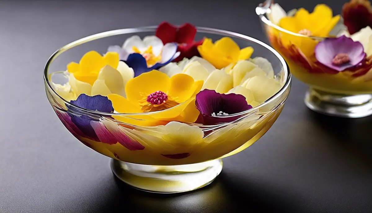 A traditional Korean dessert, Yuja-Hwachae, beautifully presented in a glass bowl decorated with sliced yuja and edible flower petals.