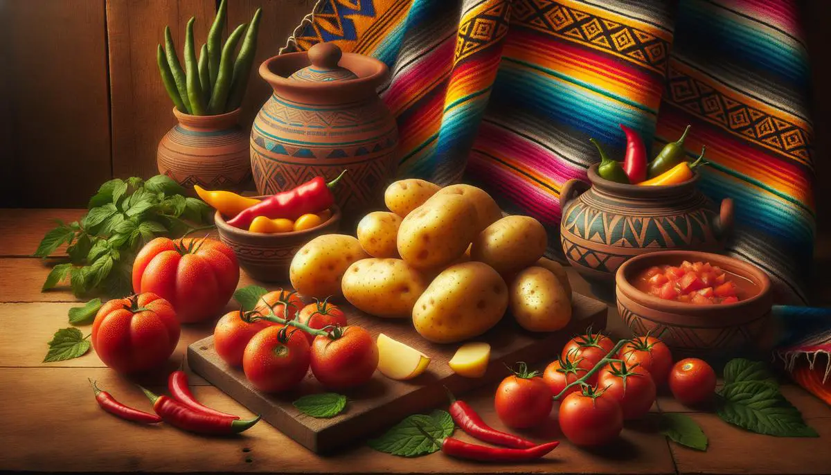 Fresh Yukon Gold potatoes and Roma tomatoes, the key ingredients in a delicious Mexican potato soup, displayed on a wooden surface with a rustic, Mexican-inspired background