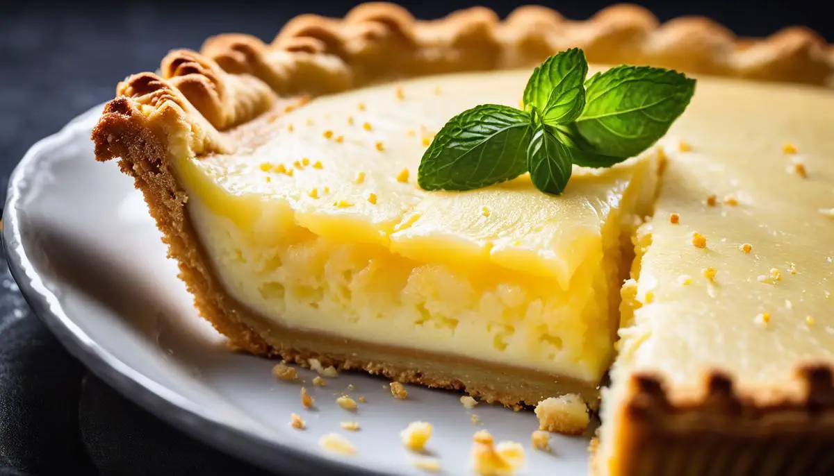 A close-up image of a perfectly baked lemon pie filling with a golden crust on a white plate.