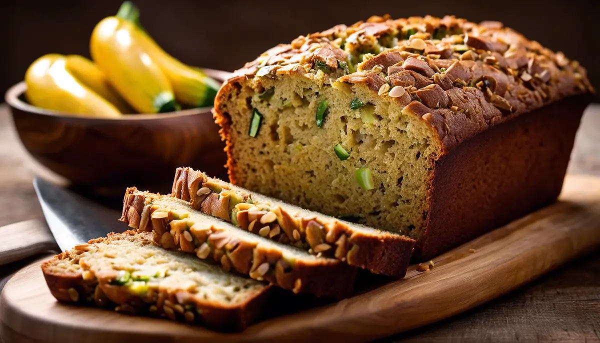 A close-up image of a freshly baked zucchini bread loaf with visible zucchini shreds throughout the golden brown crust