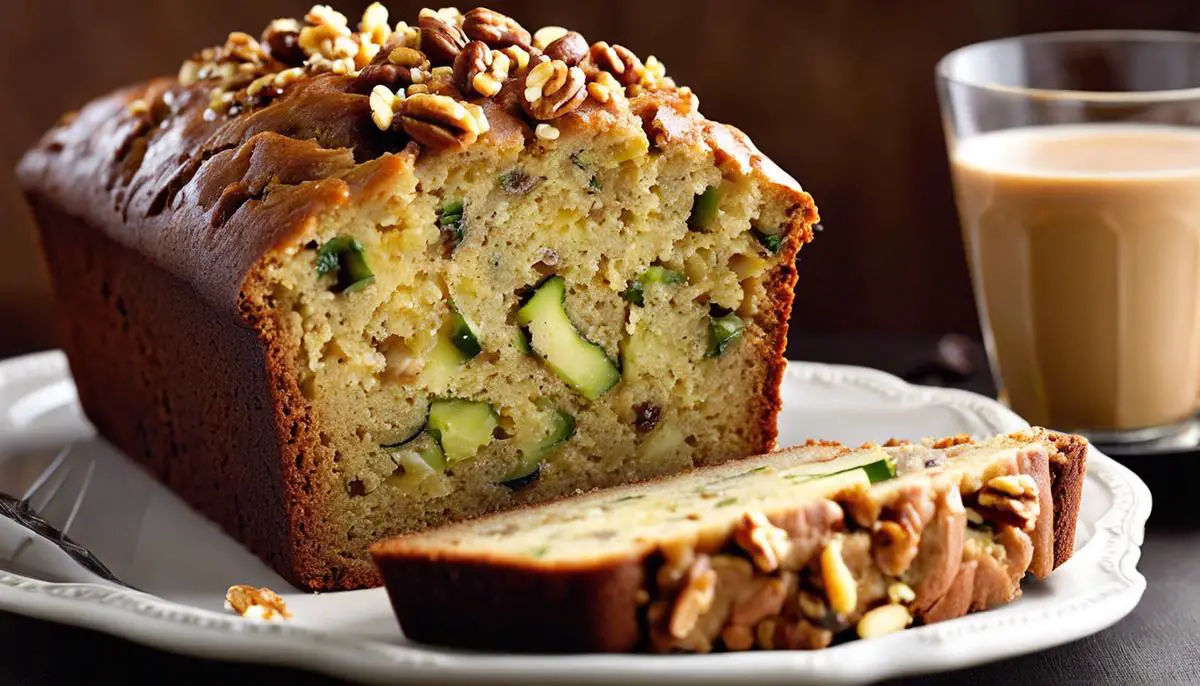 A delicious loaf of zucchini pineapple bread, topped with walnuts and served with a cup of coffee.