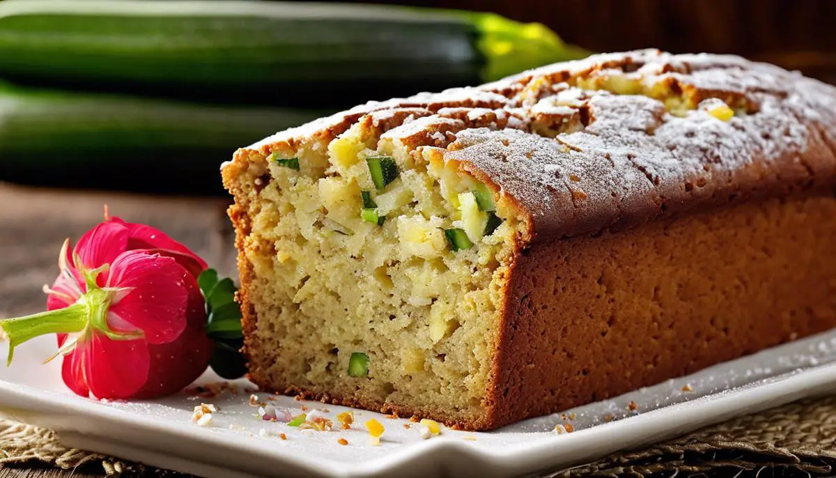 A delicious slice of zucchini pineapple bread, topped with a sprinkle of powdered sugar.